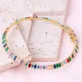 Close-up of gold-plated necklace with vibrant multi-colored marquise-cut cubic zirconia - Multi-color