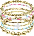 Stapelbare elastische kralenarmbandenset met gouden kralen en een witte kruishanger - Kruis & Rocailles Armband Set (JZ-ZZ-019-5)
