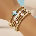 Stapelbare gouden kralen armband set met parels en een blauw kruis - Kruis & Gekleurde Kralen Armband Set (JZ-ZZ-019-15)