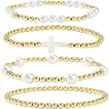 Elastische kralenarmbanden set met gouden kralen en een wit kruisbedeltje detail. - Kruis & Metalen Kralen Armband Set (JZ-ZZ-019-13)