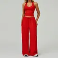 Ensemble de yoga rouge deux pièces avec haut dos nu et pantalon large à cordon de serrage - Rouge