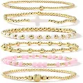 Set van 6 gouden elastische kralenarmbanden met een wit kruis en roze matte kralen - Kruis & Gemengde Kleuren Armband Set (JZ-ZZ-019-14)