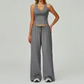 Ensemble de yoga gris brossé avec haut licou et pantalon large à cordon pour femme - Gris fumé