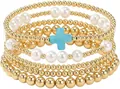 Gouden en parel elastische kralenarmbandenset met een blauwe kruisbedel voor dames - Blauwe Textuur Kruis Armband Set (JZ-ZZ-019-16)