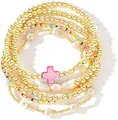 Goudkleurige elastische kralenarmbandenset met roze kruisje en parels - Roze Kruis Gelaagde Armband Set (JZ-ZZ-019-18)