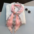 Elegant pink silk-like long narrow scarf with vintage chain and clock print patterns - Style 16