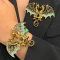 Vintage enamel flying dragon bracelet with green gems and hand-woven rope for men and women - Bracelet and Brooch Set / Green