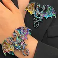 Handmade iridescent enamel flying dragon woven bracelet with sparkling rhinestone wings - Bracelet and Brooch Set / Iridescent