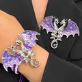 Vintage purple enamel dragon bracelet and brooch set with woven rope and rhinestones - Bracelet and Brooch Set / Purple