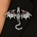Exquisite vintage silver-tone flying dragon brooch with red stones and black enamel detailing - Brooch (G-459) / Grey Black