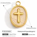 Gold stainless steel oval cross pendant with cream enamel detail and size specifications - Gold Cream Cross Oval Style (PJ93096C)