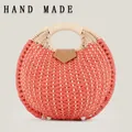 Elegant handcrafted orange woven paper rope straw handbag with circular handle for summer - Standard Type / Red
