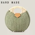 Sac à main rond fait main en corde de papier tressée vert sauge, idéal pour l'été - Poignée Améliorée / Vert Militaire