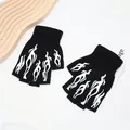 Black fingerless gloves with white flame pattern for Halloween and performance - One Size / Half Finger Flame