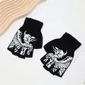 Premium black fingerless knit gloves featuring a bold white griffin pattern print - One Size / Half Finger Phoenix