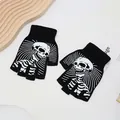 Black fingerless Halloween gloves with white skeleton skull print design. - One Size / Half Finger Ray Skull