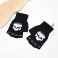 Black fingerless knit gloves featuring white skull print design for Halloween cosplay - One Size / Half Finger Dotted Skull