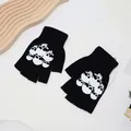 Black fingerless knitted gloves with white skull print for Halloween - One Size / Half Finger 6 Skulls