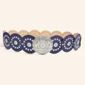 Detail of vintage Western belt with large engraved metal buckle and blue leather circles - Antique Silver Navy Blue