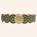 Detailed view of bohemian western wide belt with green leather discs and turquoise accents - Antique Bronze Dark Green