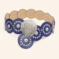 Vintage Western-stijl brede riem met blauwe leren cirkels en sierlijke metalen gesp - Antiek Zilver Marineblauw