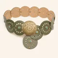 Olijfgroene vintage western leren riem met grote holle cirkels en metalen gesp - Antiek Brons Donkergroen