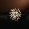 Elegant floral pearl brooch with gold finish and sparkling rhinestones for women's clothing - Round Floral Cluster Style (BH09-Gold)