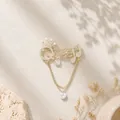 Elegant gold Queen brooch with crown, musical note, pearls, and dangling crystal chains - Queen Tassel Crown Style (BH25)
