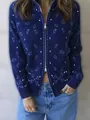 Stylish navy blue paisley knit cardigan featuring a front zipper and long sleeves for women - M / Tops / Navy Blue