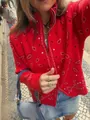 Red retro paisley knitted cardigan featuring a front zipper and high collar for a cozy look - M / Tops / Navy Blue