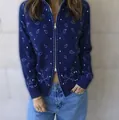 Casual navy blue knit cardigan with white paisley print and standing collar zip - M / Tops / Red