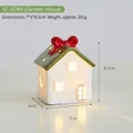 Charming miniature ceramic Christmas house with glowing LED windows and red bow detail - Bow Green Roof Mini House (YZ-25764) / 7x6x8.5cm, 201g