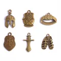 Set of 6 vintage bronze alloy charms featuring medieval helmet armor shield sword and sandals - Antique Bronze Full Set Pendants / 6 Styles x 1 Each (70x50mm)