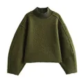 Maglione verde oliva a collo alto con tessuto bouclé testurizzato e maniche a lanterna - Taglia S / Verde Oliva