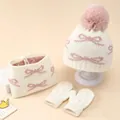 Ensemble d'hiver 3 pièces pour bébé avec bonnet à nœud, écharpe et moufles en rose crème - Ensemble trois pièces / Blanc