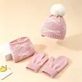 Pink baby winter knit set with beanie, scarf, and mittens featuring white bow jacquard - Set / Three-Piece Set / Pink
