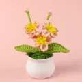 Hand-crocheted pink flower potted plant with white ceramic base for home decor. - Cherry Blossom Potted Plant (3 Flowers 2 Buds)