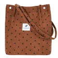 Brown corduroy tote bag featuring black polka dots and a minimalist white text patch detail. - Coffee Small Polka Dot