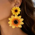 Grandes boucles d'oreilles pendantes tournesol jaune vif pour un look d'été audacieux - Forme de Tournesol de Simulation / Style Tournesol Jaune Vif (33700)
