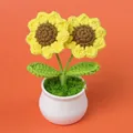 Handmade crochet sunflower potted plant with two yellow flowers in a white ceramic pot - Double Head Sunflower Potted Plant - Yellow