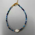 Blue natural stone beaded bracelet with irregular baroque pearl and gold plated clasp - Dark Blue Faceted Round Beads with Artificial Pearl (Bracelet 19) / 17+3cm