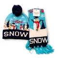 Conjunto de gorro y bufanda de punto azul con motivo de muñeco de nieve de Navidad y flecos - Estilo Muñeco de Nieve Azul SNOW
