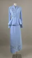 Light blue elegant peplum suit set with pleated sleeves and sequined floral patches - Blue