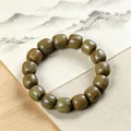 Close-up detail of natural green sandalwood bracelet featuring traditional barrel beads texture - Green Sandalwood Classical Beads / 15mm*15 Beads
