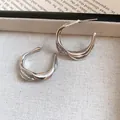 Minimalist silver needle twisted hoop earrings in polished metallic finish - Granular Textured Streamlined Twisted Hoop Style (53#) / Silver