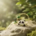Detail van een panda-broche met fonkelende steentjes en groene bamboeblaadjes van emaille - Panda Bamboe Stijl