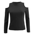 Women's black cold-shoulder long-sleeve mock neck ribbed knit top for fall and winter. - Black