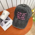 Vintage washed cotton baseball cap with pink "Wake Up" embroidery and retro style - 55-59cm (Adjustable) / Black and Gray