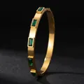 Elegant 18K gold plated titanium steel bangle featuring emerald green rectangular zircons - Five Green Zircon Style (53-B-4) / Gold/Green