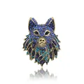 Detailed wolf head brooch with sparkling blue and purple rhinestones on antique gold base. - Wolf Head Blue Rhinestone Totem Style / Blue
